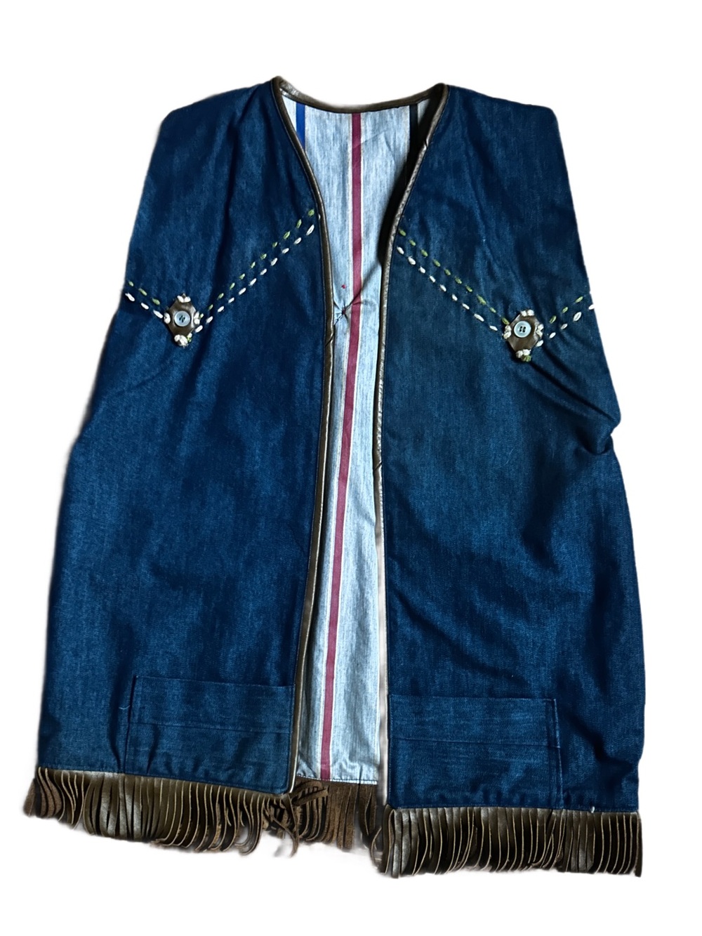 Handmade ~ Native American Style ~ Blue Denim W/ Brown Embroidery & Fringe Vest